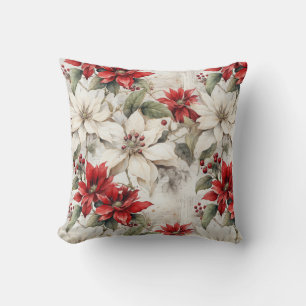 Snow-kissed Elegance: White and Red Poinsettia Cushion