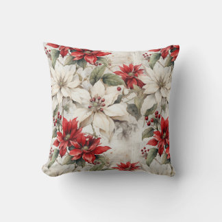 Snow-kissed Elegance: White and Red Poinsettia Cushion