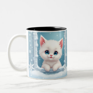 Snow kitten mug, Wintry inspired mug, Cat lover Two-Tone Coffee Mug