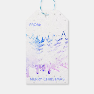Snow Laden Christmas Trees in Blue Purple & White Gift Tags