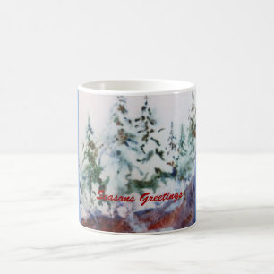 Snow laden pines on a winter hillside coffee mug