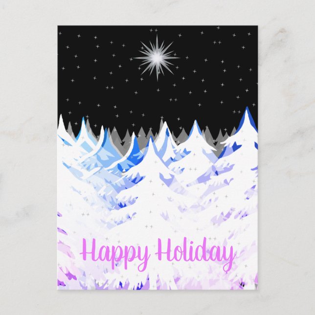 Snow Laden Trees Blue Purple Stars Night Sky Holiday Postcard (Front)