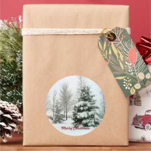 Snow-Laden Trees, Merry Christmas Classic Round Sticker