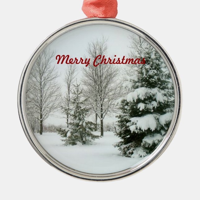 Snow-Laden Trees, Merry Christmas, Metal Tree Decoration (Front)