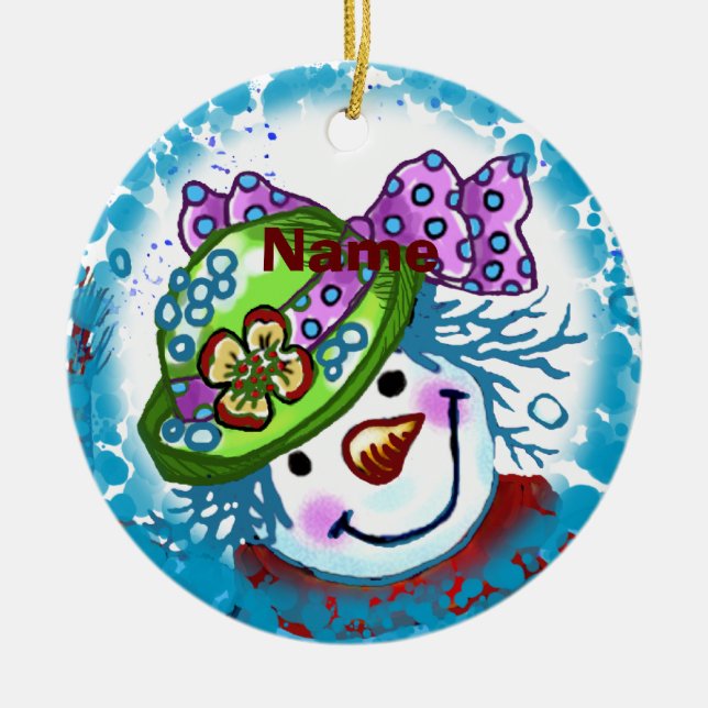 Snow Lady Snowman round ornament (Front)