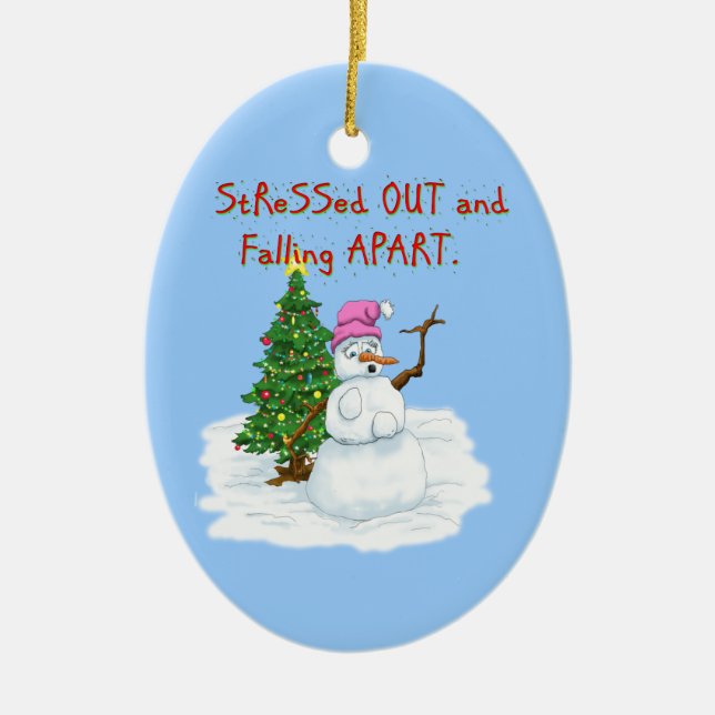 Snow lady stressed out and falling apart ceramic tree decoration (Front)