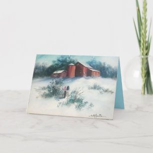 Snow Landscape Painting Rustic Farm with Barn Card