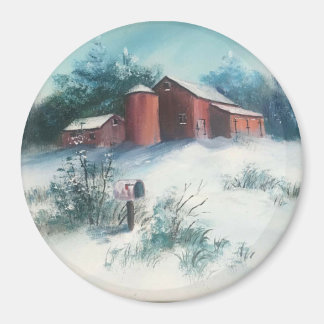 Snow Landscape Painting Rustic Farm with Barn  Magnet