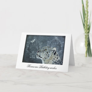 Snow Leopard and Moth Birthday Card