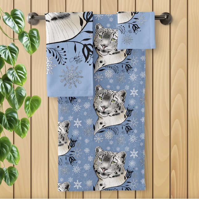 Snow Leopard and Snowflakes Bath Towel Set (Creator Uploaded)