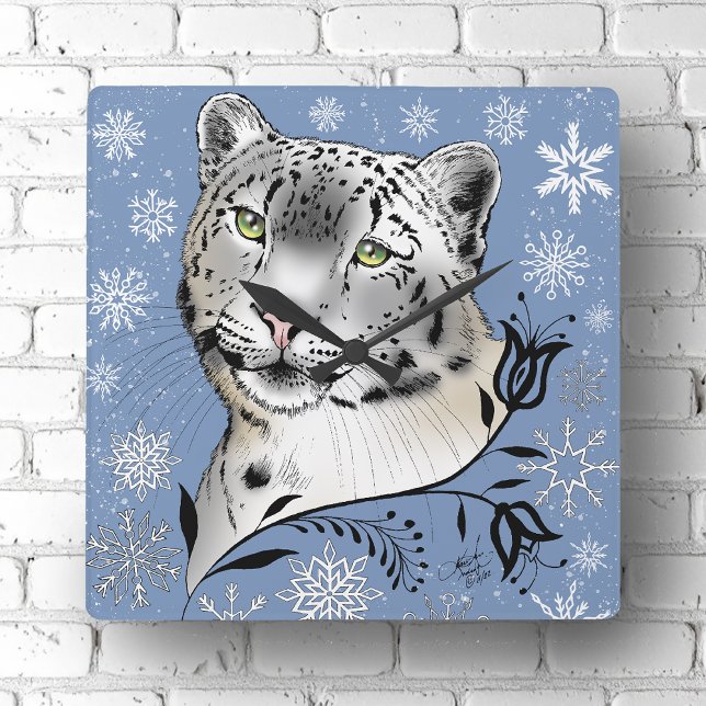 Snow Leopard and Snowflakes Square Wall Clock (Creator Uploaded)