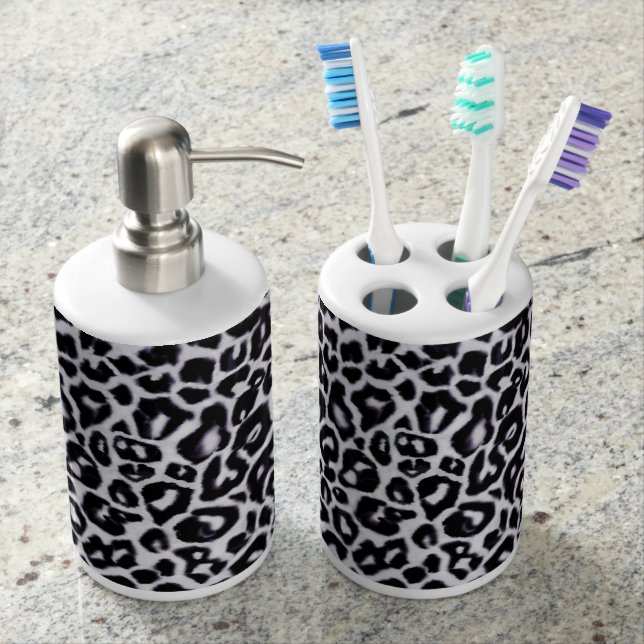 Snow Leopard Animal Print Soap Dispenser And Toothbrush Holder (Front)