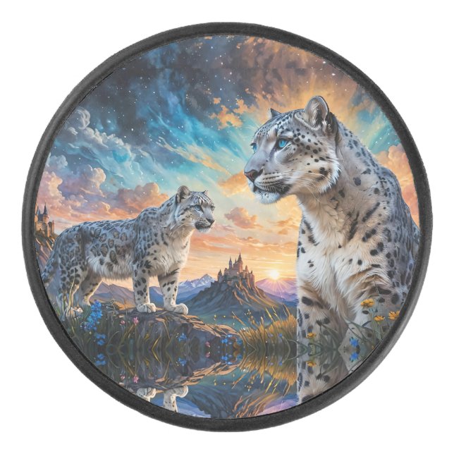 Snow Leopard Castle Sunrise reflection Hockey Puck (Front)