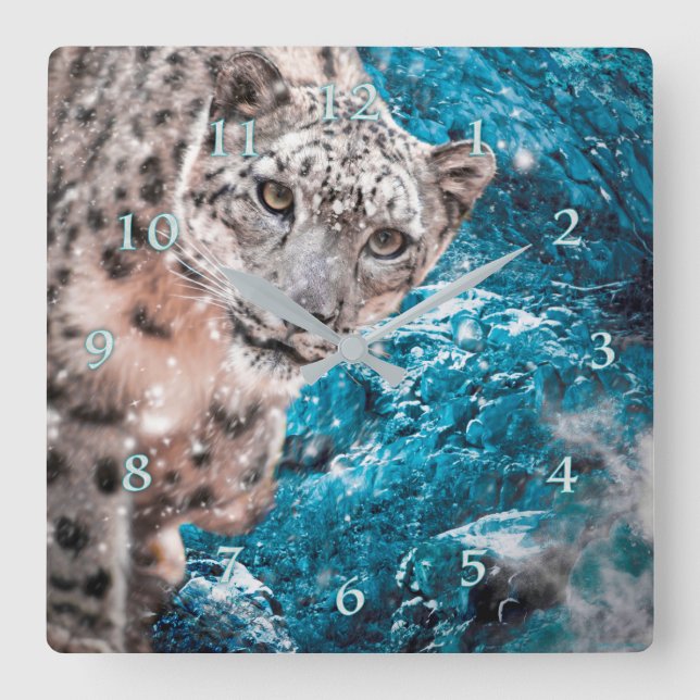 SNOW LEOPARD CLOUD WALKER SQUARE WALL CLOCK (Front)