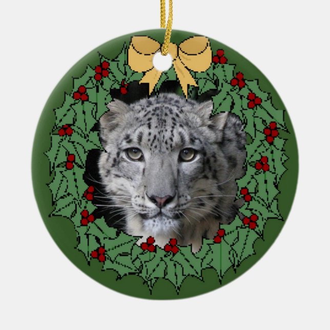 Snow Leopard Conservancy-Asha in Wreath Ceramic Tree Decoration (Front)