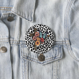 Snow Leopard Cross, Flowers and Butterflies 7.5 Cm Round Badge