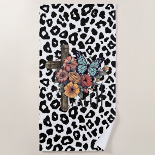 Snow Leopard Cross, Flowers and Butterflies Beach Towel