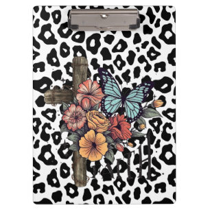 Snow Leopard Cross, Flowers and Butterflies Clipboard