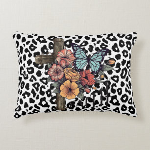 Snow Leopard Cross, Flowers and Butterflies Decorative Cushion