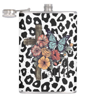 Snow Leopard Cross, Flowers and Butterflies Hip Flask