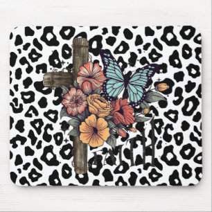 Snow Leopard Cross, Flowers and Butterflies Mouse Mat