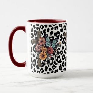 Snow Leopard Cross, Flowers and Butterflies Mug