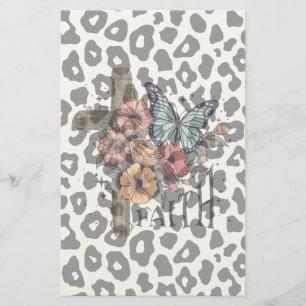 Snow Leopard Cross, Flowers and Butterflies Stationery