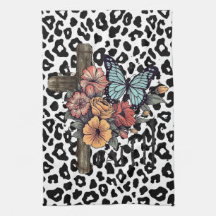 Snow Leopard Cross, Flowers and Butterflies Tea Towel