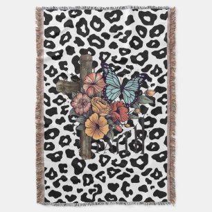 Snow Leopard Cross, Flowers and Butterflies Throw Blanket