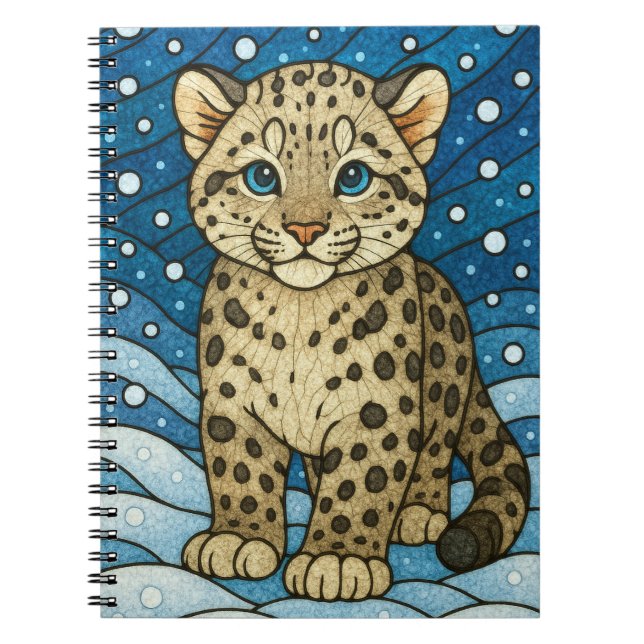 Snow leopard cub in snow, stained glass art notebook (Front)