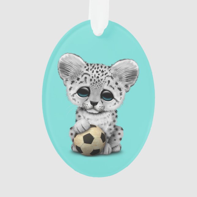 Snow leopard Cub With Football Soccer Ball Ornament (Back)