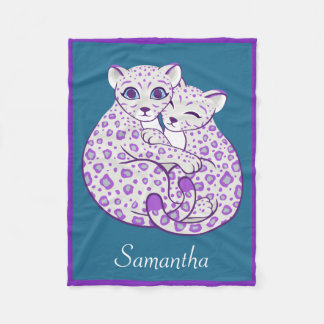 Snow Leopard Cubs Cuddling Custom Name Fleece Blanket