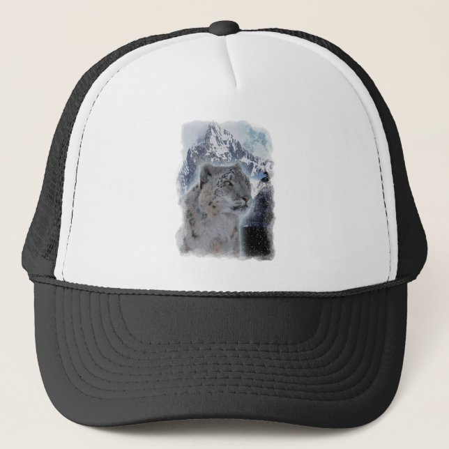 SNOW LEOPARD Endangered Species of Big Cat Trucker Hat (Front)