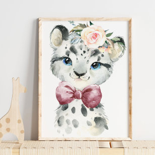 Snow Leopard Floral Baby   Nursery Print