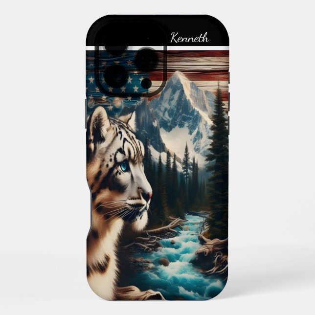 Snow Leopard Gazes at Mountain Stream iPhone Case (Back)