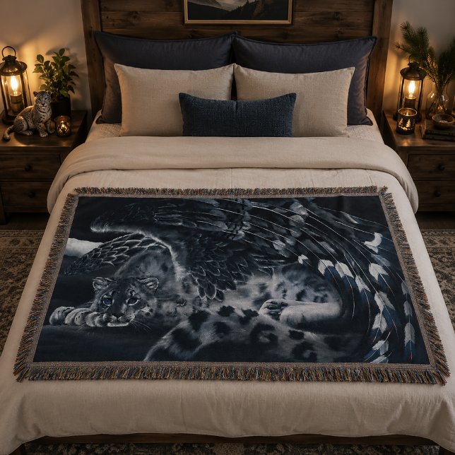Snow Leopard Guardian Wings Fantasy Wildlife Throw Blanket (Creator Uploaded)