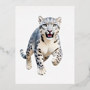 Snow Leopard Happy Playful Fun Jumping In The Air  Foil Holiday Postcard