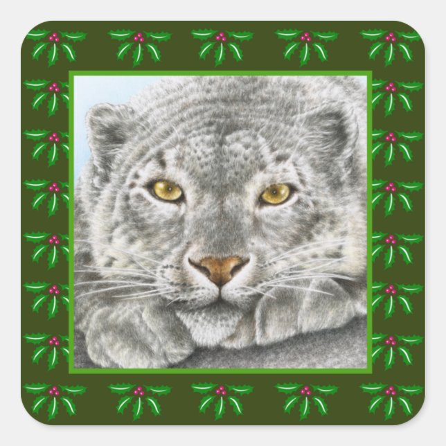 Snow Leopard Holly Leaf Christmas Sticker (Front)