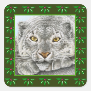 Snow Leopard Holly Leaf Christmas Sticker