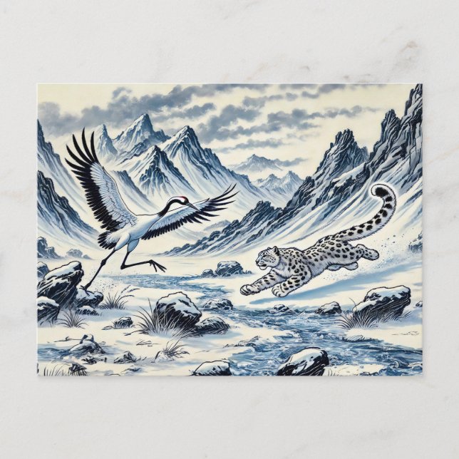 Snow Leopard Hunting a Crane Chinese Ink Painting Postcard (Front)