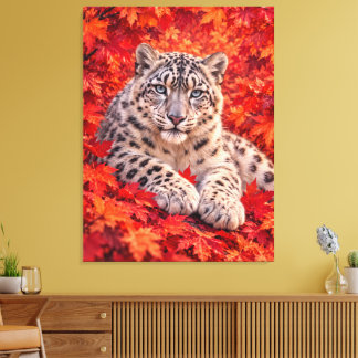 Snow Leopard in Autumn Maple Leaves – Wildlife Art Canvas Print