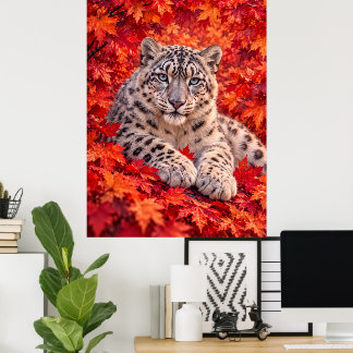 Snow Leopard in Autumn Maple Leaves – Wildlife Art Poster