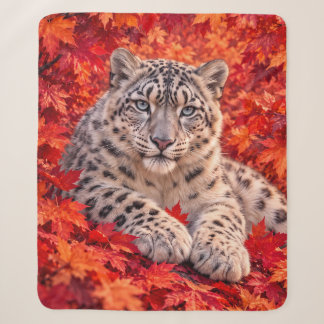 Snow Leopard in Autumn Maple Leaves – Wildlife Art Sherpa Blanket
