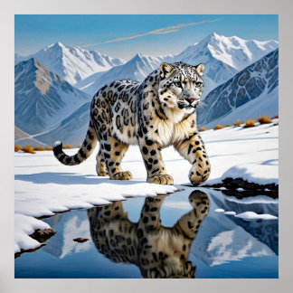 Snow Leopard in Mountainous Winter Landscape Poster