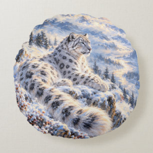 Snow Leopard in Snowy Mountains – Winter La Round Cushion