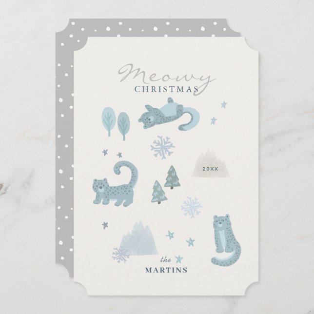 Snow Leopard Meowy Christmas Blue Holiday Card (Front/Back)