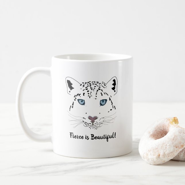 Snow Leopard Modern Drawing Fierce is Beautiful Coffee Mug (With Donut)