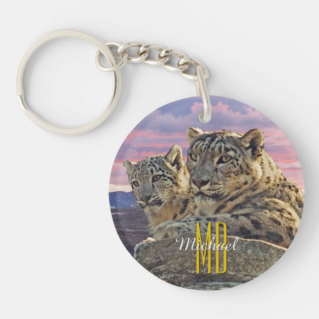 Snow Leopard Mother/Cub Monogram Name, Personalise Key Ring (Front)