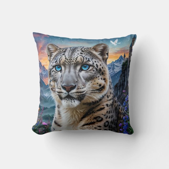 Snow Leopard Mountain Valley Sunset Cushion (Front)