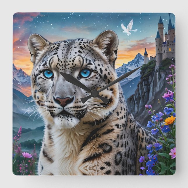 Snow Leopard Mountain Valley Sunset Square Wall Clock (Front)